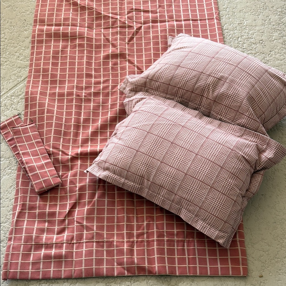 Custom Coral and Cream Grid Pattern Pillows and Curtain
